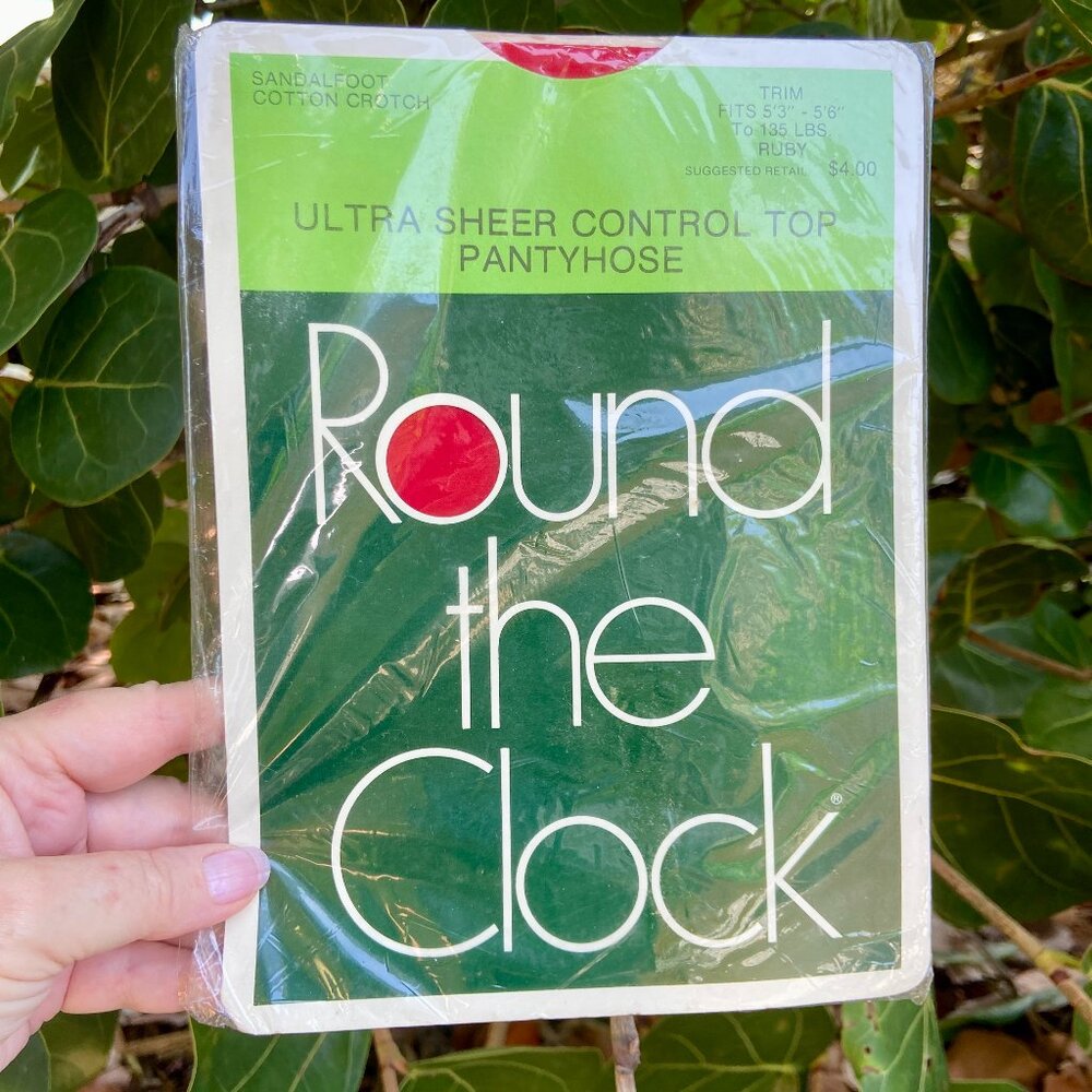 NOS Vintage 70s Round The Clock Hosiery Pantyhose Control Top Ruby Trim New